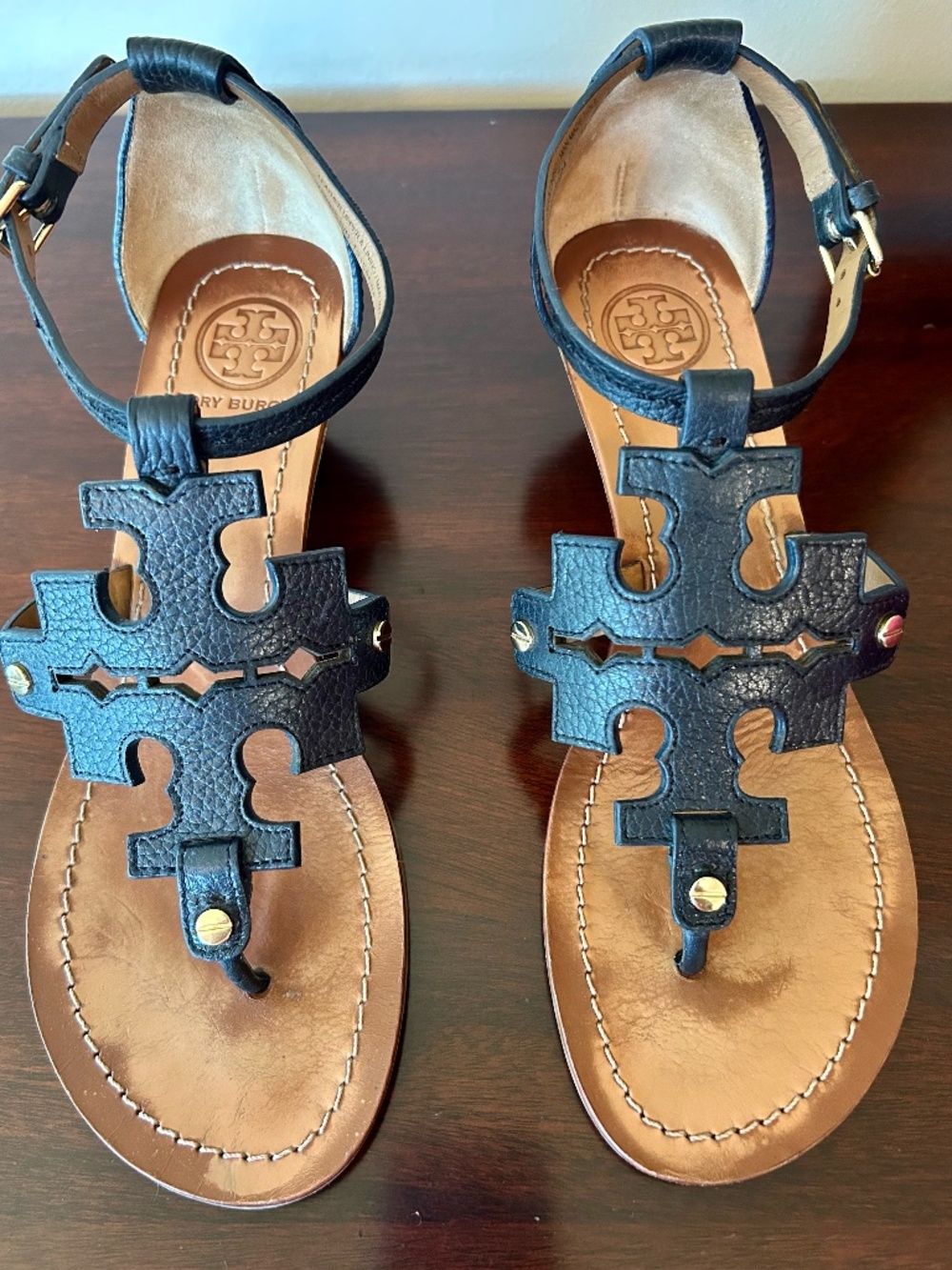 Tory Burch Leather Wedge Sandals with Logo